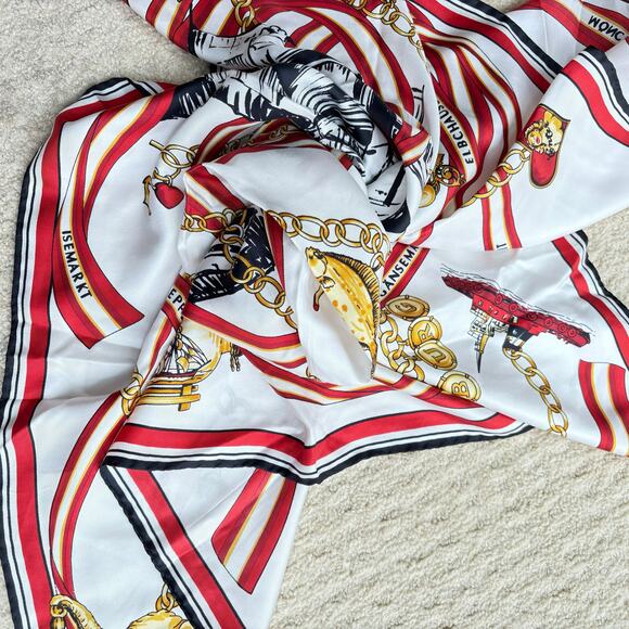 Silk scarf tourist souvenir red black white gold chain landmarks motif Europe - Picture 10 of 11